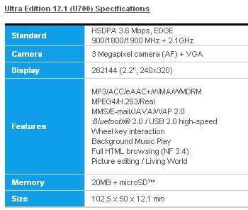 Samsung U700 Specifications Samsung U700 Specifications